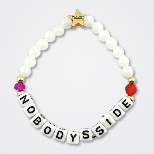 Broadway Stacks CHECKMATE Collection. 5 stretch bracelets included in Stack. Black, white, red, pink and gold colored beads. Letter beads that spell quotes. Star logo bead to remind you that you shine. Chess the Musical fans.