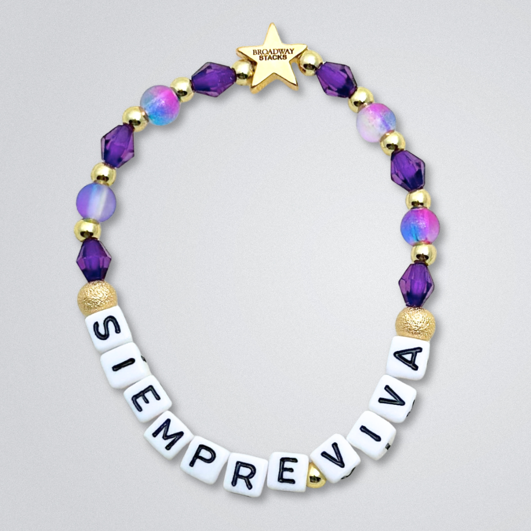 Broadway Stacks SIEMPRE VIVA Collection. 5 stretch bracelets included in Stack. Purple, blue, green, yellow, orange, red and gold colored beads. Letter beads that spell quotes. Gold star logo bead to remind you that you shine. Death Becomes Her fans.