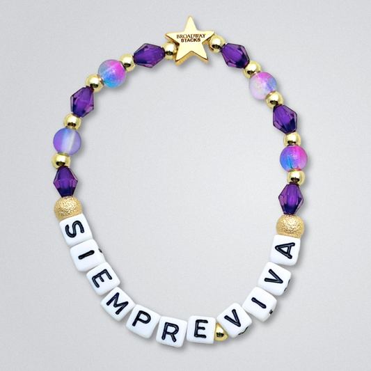 Broadway Stacks SIEMPRE VIVA Collection. 5 stretch bracelets included in Stack. Purple, blue, green, yellow, orange, red and gold colored beads. Letter beads that spell quotes. Gold star logo bead to remind you that you shine. Death Becomes Her fans.