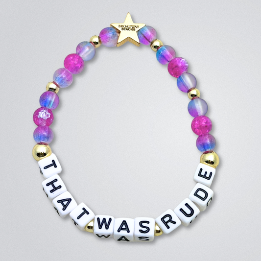 Broadway Stacks SIEMPRE VIVA Collection. 5 stretch bracelets included in Stack. Purple, blue, green, yellow, orange, red and gold colored beads. Letter beads that spell quotes. Gold star logo bead to remind you that you shine. Death Becomes Her fans.