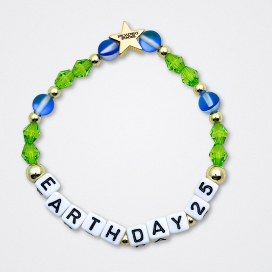 Earth Day Special Edition bracelet. Stack of 3 bracelets. Green, blue, white and gold beads. Letter beads that spell Earth Day 25 and Active Hope. Gold star logo bead to remind you that You Shine.