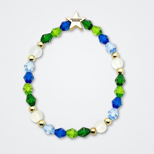 Earth Day Special Edition bracelet. Stack of 3 bracelets. Green, blue, white and gold beads. Letter beads that spell Earth Day 25 and Active Hope. Gold star logo bead to remind you that You Shine.
