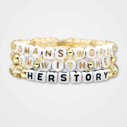 Broadway Stacks EmpowHER bracelet collection. Gold, glitter and letter beads that spell out quotes. Gold star logo bead to remind yourself that You Shine. Self-empowerment inspiration reminders.