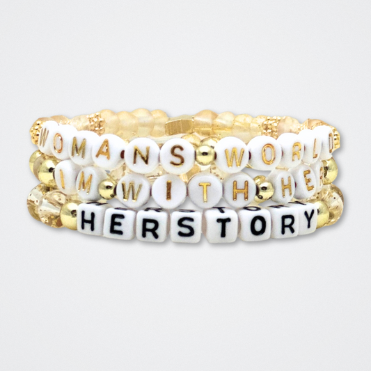Broadway Stacks EmpowHER bracelet collection. Gold, glitter and letter beads that spell out quotes. Gold star logo bead to remind yourself that You Shine. Self-empowerment inspiration reminders.