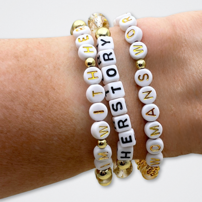Broadway Stacks EmpowHER bracelet collection. Gold, glitter and letter beads that spell out quotes. Gold star logo bead to remind yourself that You Shine. Self-empowerment inspiration reminders.