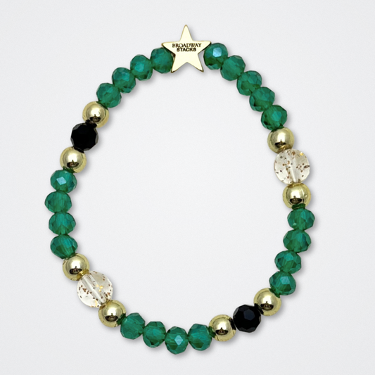 Broadway Stacks NEW MONEY Collection. 5 stretch bracelets included in Stack. Teal, green, black and gold colored beads. Letter beads that spell quotes. Gold star logo bead to remind you that You Shine. Great Gatsby fans.