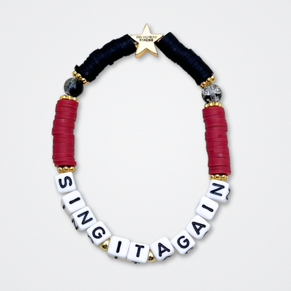Broadway Stacks UNDERWORLD collection. 5 stretch bracelets included in Stack. Red, garnet, black and gold colored beads. Letter beads that spell quotes. Gold star logo bead to remind you that you shine. Hadestown fans.