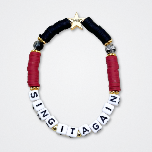 Broadway Stacks UNDERWORLD collection. 5 stretch bracelets included in Stack. Red, garnet, black and gold colored beads. Letter beads that spell quotes. Gold star logo bead to remind you that you shine. Hadestown fans.