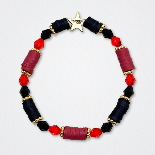 Broadway Stacks UNDERWORLD collection. 5 stretch bracelets included in Stack. Red, garnet, black and gold colored beads. Letter beads that spell quotes. Gold star logo bead to remind you that you shine. Hadestown fans.
