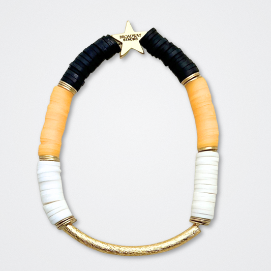 Broadway Stacks REVOLUTION Collection. 5 stretch bracelets included in Stack. Yellow, white, black and gold colored beads. Letter beads that spell quotes. Gold star logo bead to remind you that You Shine. Hamilton the Musical fans. 