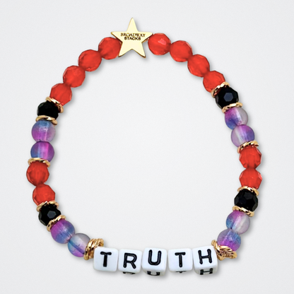 Broadway Stacks RED LIGHT Collection. 5 stretch bracelets included in Stack. Red, purple, black and gold colored beads. Letter beads that spell quotes. Gold star logo bead to remind you that You Shine. Moulin Rouge fans. 
