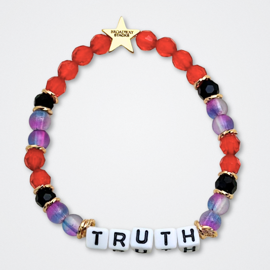 Broadway Stacks RED LIGHT Collection. 5 stretch bracelets included in Stack. Red, purple, black and gold colored beads. Letter beads that spell quotes. Gold star logo bead to remind you that You Shine. Moulin Rouge fans. 