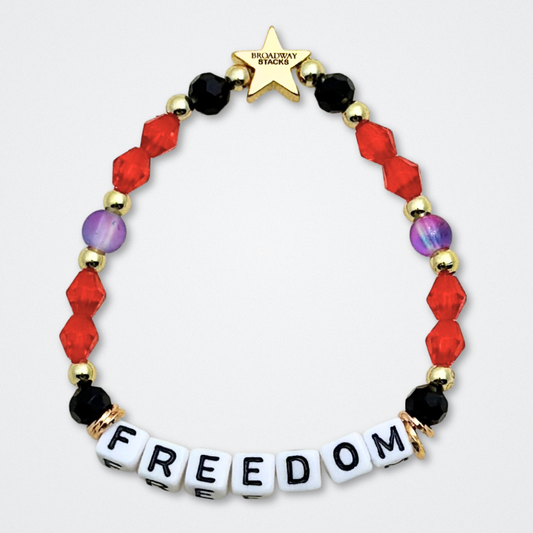 Broadway Stacks RED LIGHT Collection. 5 stretch bracelets included in Stack. Red, purple, black and gold colored beads. Letter beads that spell quotes. Gold star logo bead to remind you that You Shine. Moulin Rouge fans. 