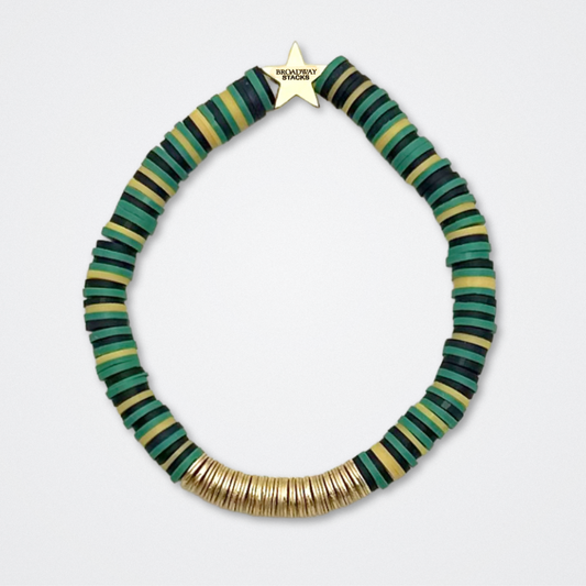 Broadway Stacks STAY GOLD collection. Stretch bracelets included in Stack. Gold, yellow, green and grey colored beads. Letter beads that have show quote or name. Broadway Stacks gold star logo bead to remind you that You Shine. The Outsiders the Musical fans.