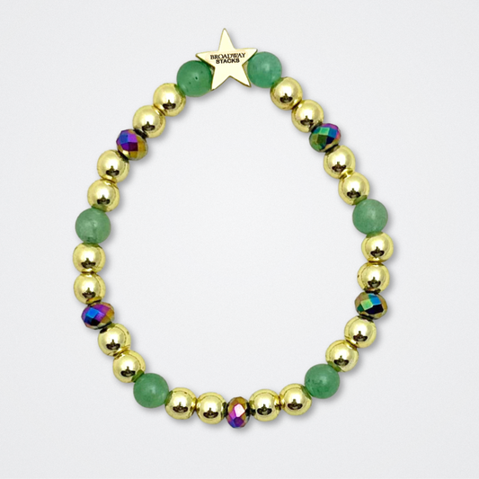 Broadway Stacks STAY GOLD collection. Stretch bracelets included in Stack. Gold, yellow, green and grey colored beads. Letter beads that have show quote or name. Broadway Stacks gold star logo bead to remind you that You Shine. The Outsiders the Musical fans.