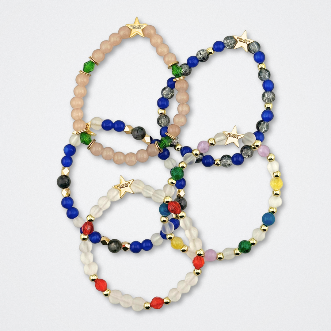 Broadway Stacks STAY GOLD collection. Stretch bracelets included in Stack. Inspired by characters from The Outsiders the Musical. Greasers and Socs. Broadway Stacks gold star logo bead to remind you that You Shine!