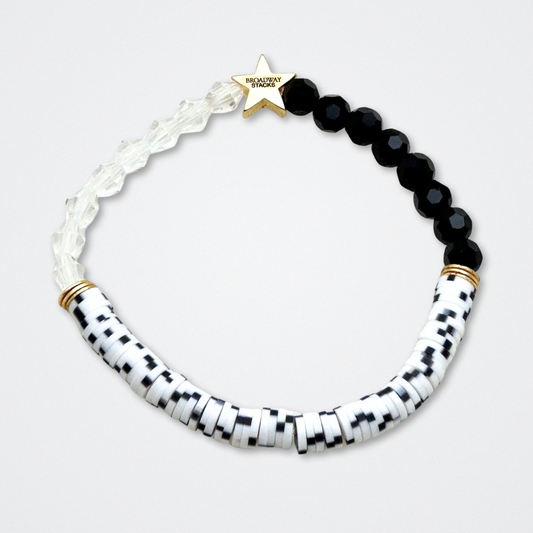 Broadway Stacks MASK collection. Bead bracelets included in Stack. Red, black, white and gold colored beads. Letter beads that spell quotes. Team Phantom, Team Christine, Team Raoul. Gold star logo bead to remind you that You Shine. Phantom of the Opera and Masquerade fans.