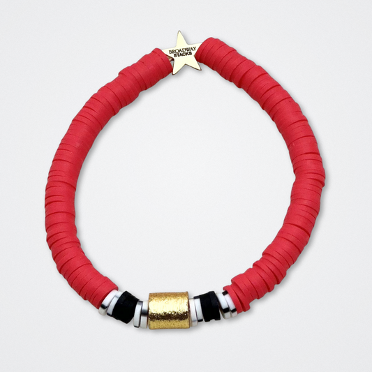 Broadway Stacks MASK collection. Bead bracelets included in Stack. Red, black, white and gold colored beads. Letter beads that spell quotes. Team Phantom, Team Christine, Team Raoul. Gold star logo bead to remind you that You Shine. Phantom of the Opera and Masquerade fans.