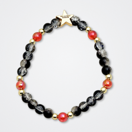 Broadway Stacks MASK collection. Bead bracelets included in Stack. Red, black, white and gold colored beads. Letter beads that spell quotes. Team Phantom, Team Christine, Team Raoul. Gold star logo bead to remind you that You Shine. Phantom of the Opera and Masquerade fans.