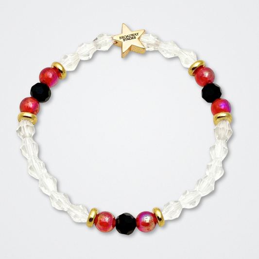 Broadway Stacks MASK collection. Bead bracelets included in Stack. Red, black, white and gold colored beads. Letter beads that spell quotes. Team Phantom, Team Christine, Team Raoul. Gold star logo bead to remind you that You Shine. Phantom of the Opera and Masquerade fans.