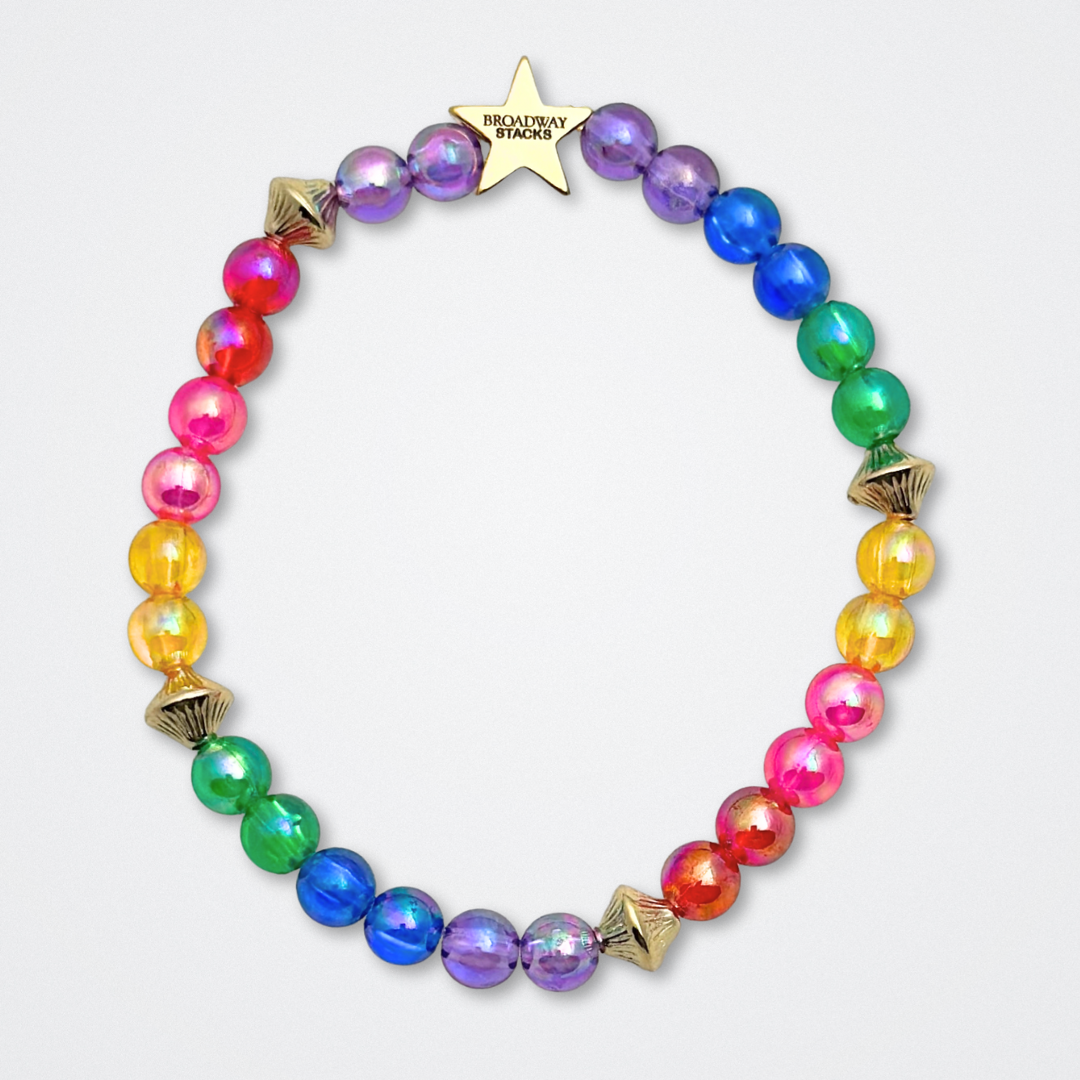 Broadway Stacks PUPPETRY Collection Special Edition bracelet. Stack of 3 bracelets. Rainbow and gold beads. Letter beads that spell Puppeteer and Puppet Joy. Gold star logo bead to remind you that You Shine. 