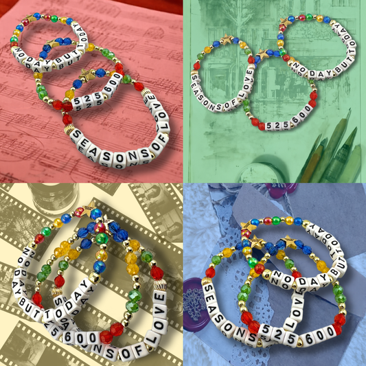 Broadway Stacks theatre-themed bracelets inspired by RENT the  Musical. Four quadrants of the colors red, green, yellow and blue. Each showing the 3-stack bracelets with Rent quotes and colors. Signature star bead to remind you that You Shine!