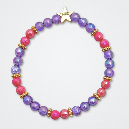 Broadway Stacks QUEEN collection. Stretch bracelets included in Stack. Gold, yellow, green, white, red, pink and blue colored beads. Letter beads that spell each queen. Also Herstory collection. Broadway Stacks gold star logo bead to remind you that You Shine. SIX the Musical fans.