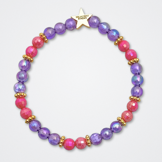 Broadway Stacks QUEEN collection. Stretch bracelets included in Stack. Gold, yellow, green, white, red, pink and blue colored beads. Letter beads that spell each queen. Also Herstory collection. Broadway Stacks gold star logo bead to remind you that You Shine. SIX the Musical fans.