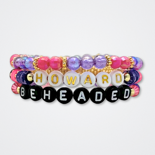 Broadway Stacks QUEEN collection. Stretch bracelets included in Stack. Gold, yellow, green, white, red, pink and blue colored beads. Letter beads that spell each queen. Also Herstory collection. Broadway Stacks gold star logo bead to remind you that You Shine. SIX the Musical fans.