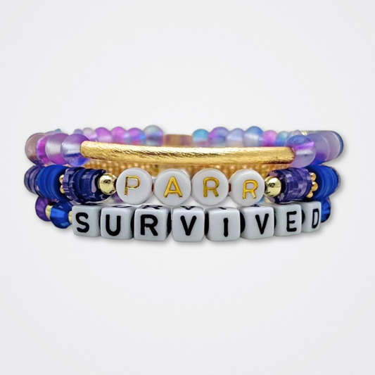 Broadway Stacks QUEEN collection. Stretch bracelets included in Stack. Gold, yellow, green, white, red, pink and blue colored beads. Letter beads that spell each queen. Also Herstory collection. Broadway Stacks gold star logo bead to remind you that You Shine. SIX the Musical fans.