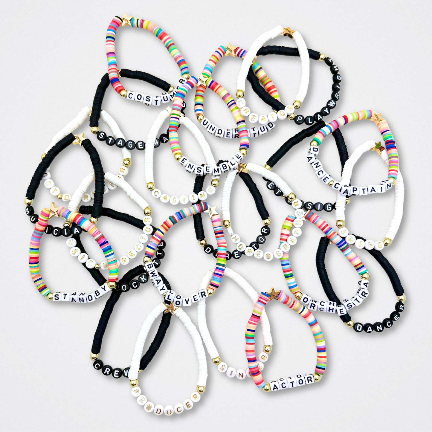 Broadway Stacks theatre-themed Spotlight bracelets highlighting ALL theater roles. Because everyone deserves to shine. Available in black, white and multi-color.
