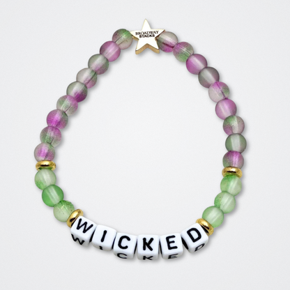 Broadway Stacks WITCH collection. 3 stretch bracelets included in Stack. Greens, pinks, black and gold colored beads. Letter beads that spell quotes. Gold star logo bead to remind you that You SHine. Wicked fans.