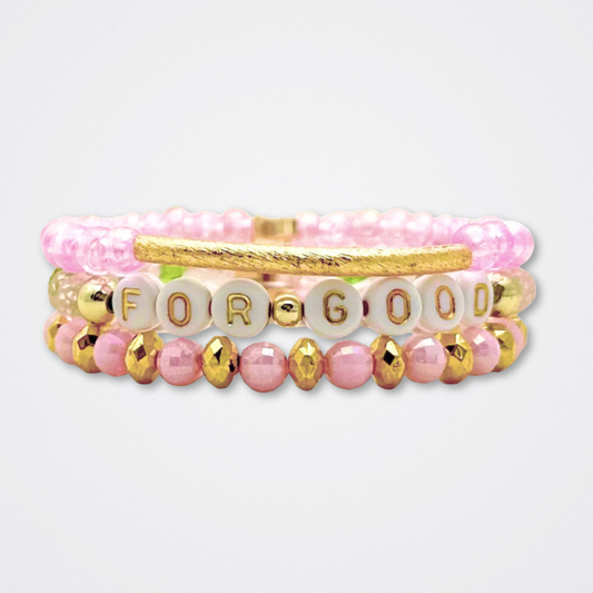 Broadway Stacks WITCH collection. 3 stretch bracelets included in Stack. Greens, pinks, black and gold colored beads. Letter beads that spell quotes. Gold star logo bead to remind you that You Shine. Wicked fans.