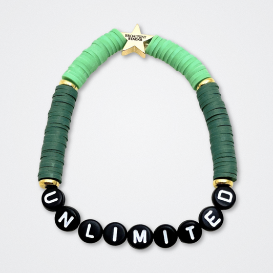 Broadway Stacks WITCH collection. 3 stretch bracelets included in Stack. Greens, pinks, black and gold colored beads. Letter beads that spell quotes. Gold star logo bead to remind you that You Shine. Wicked fans.