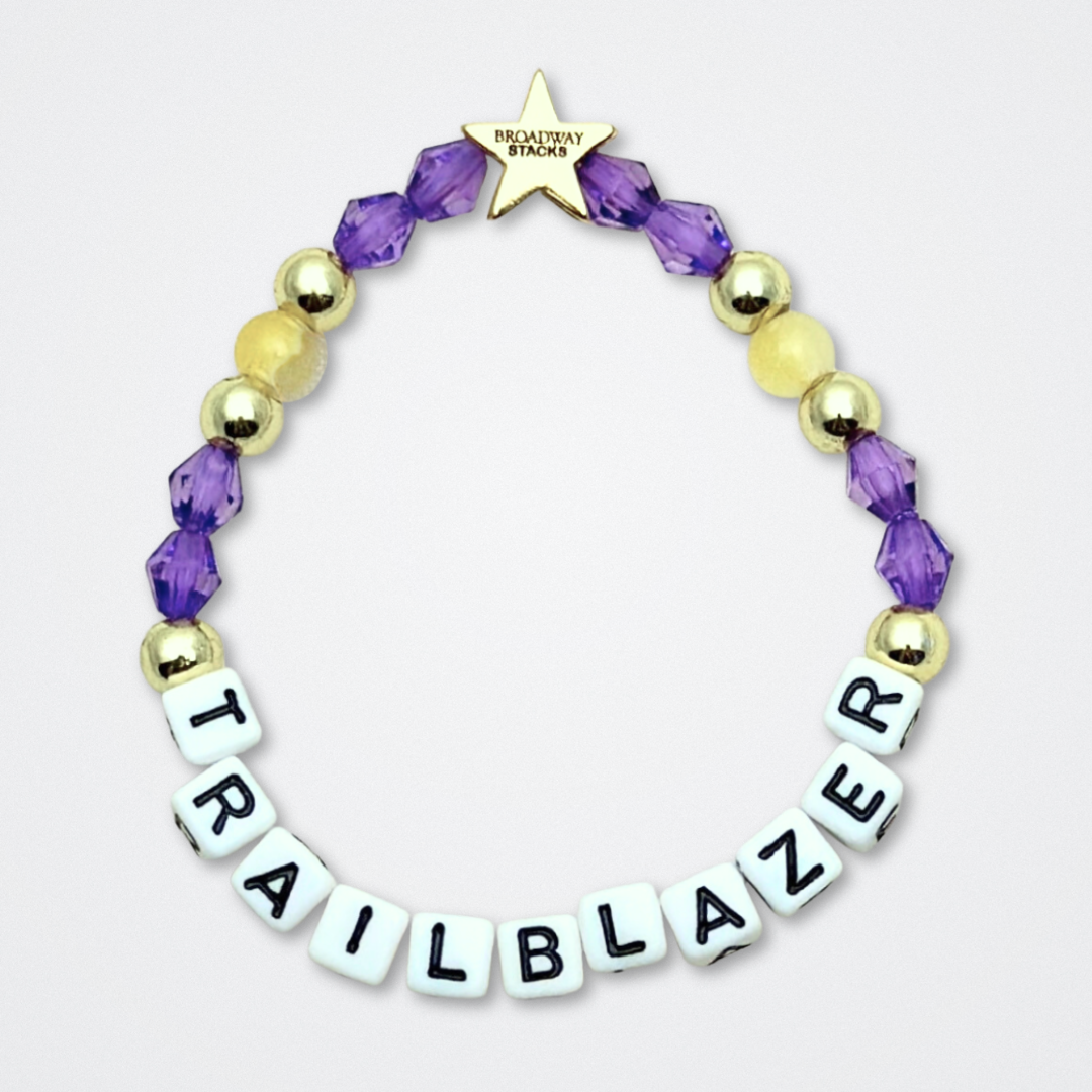 Broadway Stacks CAMPAIGN Collection. 5 stretch bracelets included in Stack. Purple, yellow, teal and gold colored beads. Letter beads that spell quotes. Gold star logo bead to remind you that you shine. Suffs fans. 