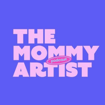 Logo for 'The Mommy Artist podcast' with pink text on a blue background