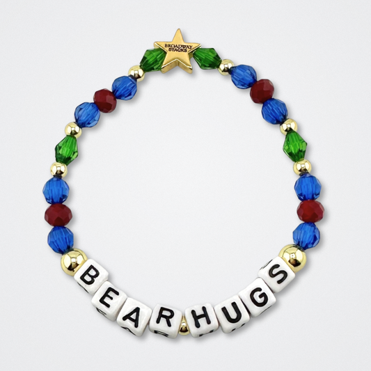 Broadway Stacks BEAR HUGS bead bracelet. Green, blue, dark red and gold color beads on a gray background.