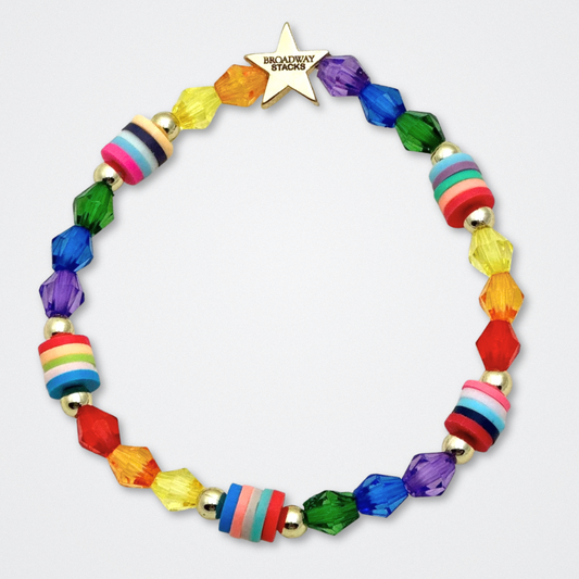 Broadway Stacks PRIDE collection. Available in 8 designs. Rainbow - Red, orange, yellow, green, blue, purple, pink, white, grey, black and gold colored beads. Broadway Stacks gold star logo bead to remind you that You Shine.