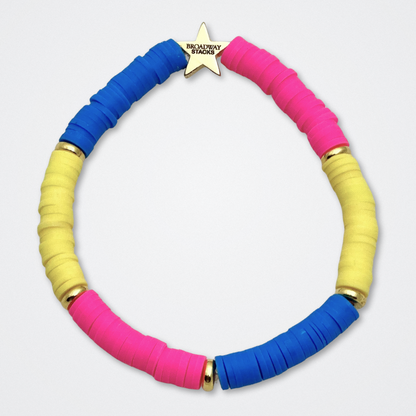 Broadway Stacks PRIDE collection. Available in 8 designs. Rainbow - Red, orange, yellow, green, blue, purple, pink, white, grey, black and gold colored beads. Broadway Stacks gold star logo bead to remind you that You Shine.