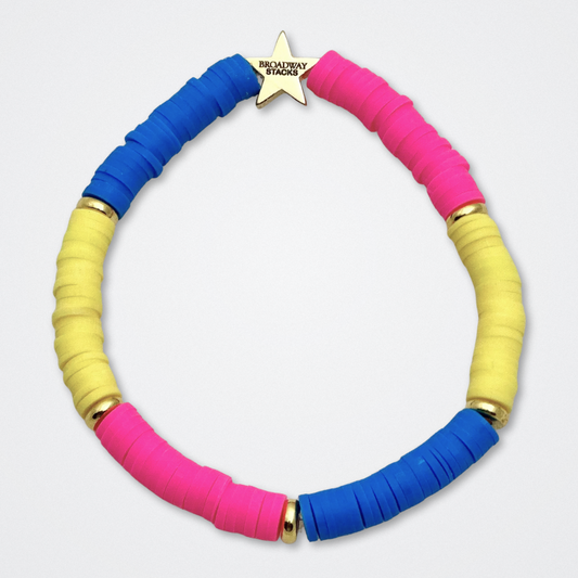 Broadway Stacks PRIDE collection. Available in 8 designs. Rainbow - Red, orange, yellow, green, blue, purple, pink, white, grey, black and gold colored beads. Broadway Stacks gold star logo bead to remind you that You Shine.