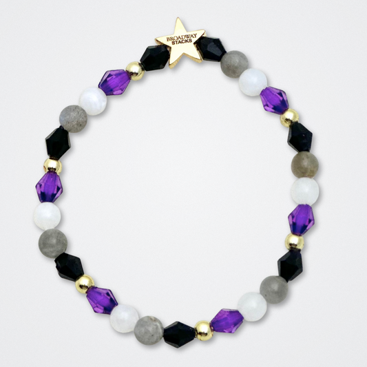 Broadway Stacks PRIDE collection. Available in 8 designs. Rainbow - Red, orange, yellow, green, blue, purple, pink, white, grey, black and gold colored beads. Broadway Stacks gold star logo bead to remind you that You Shine.