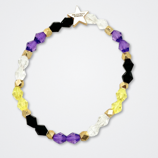Broadway Stacks PRIDE collection. Available in 8 designs. Rainbow - Red, orange, yellow, green, blue, purple, pink, white, grey, black and gold colored beads. Broadway Stacks gold star logo bead to remind you that You Shine.