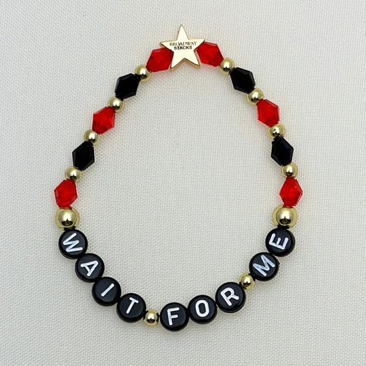 Broadway Stacks Underworld collection. 5 stretch bracelets included in Stack. Red, garnet, black and gold colored beads. Letter beads that spell quotes. Gold star logo bead to remind you that you shine.