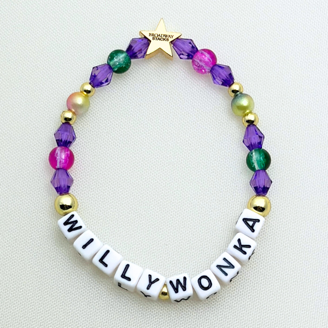 Broadway Stacks WILLY WONKA. Purple, pink, green, rainbow and gold colored beads. Letter beads that spell quotes. Gold star logo bead to remind you that you shine.