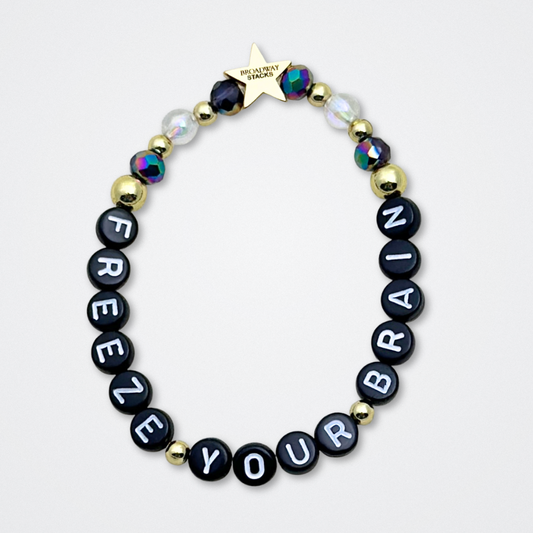 Broadway Stacks CORN NUTS Collection. 5 stretch bracelets included in Stack. Red, yellow, green, blue, black and gold colored beads. Letter beads that spell quotes. Gold star logo bead to remind you that you shine. Heathers the Musical fans.