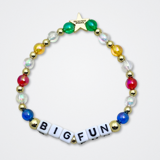 Broadway Stacks CORN NUTS Collection. 5 stretch bracelets included in Stack. Red, yellow, green, blue, black and gold colored beads. Letter beads that spell quotes. Gold star logo bead to remind you that you shine. Heathers the Musical fans.