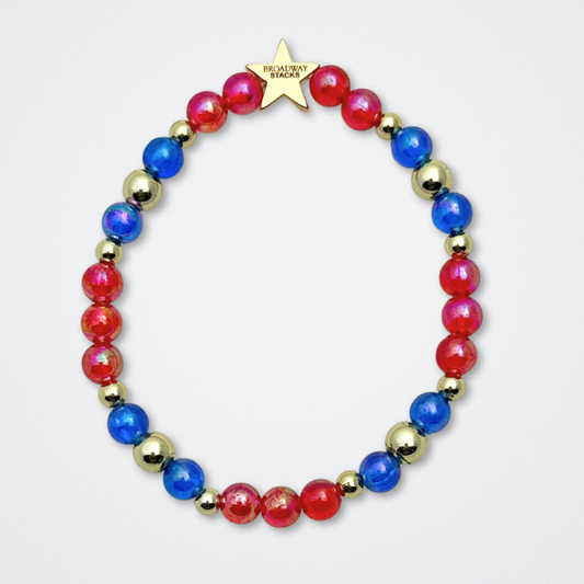 Broadway Stacks JAZZY Collection. 5 stretch bracelets included in Stack. Red, blue, black and gold colored beads. Letter beads that spell quotes. Gold star logo bead to remind you that you shine. Wonderful World musical and Louis Armstrong fans.