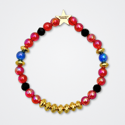 Broadway Stacks JAZZY Collection. 5 stretch bracelets included in Stack. Red, blue, black and gold colored beads. Letter beads that spell quotes. Gold star logo bead to remind you that you shine. Wonderful World musical and Louis Armstrong fans.